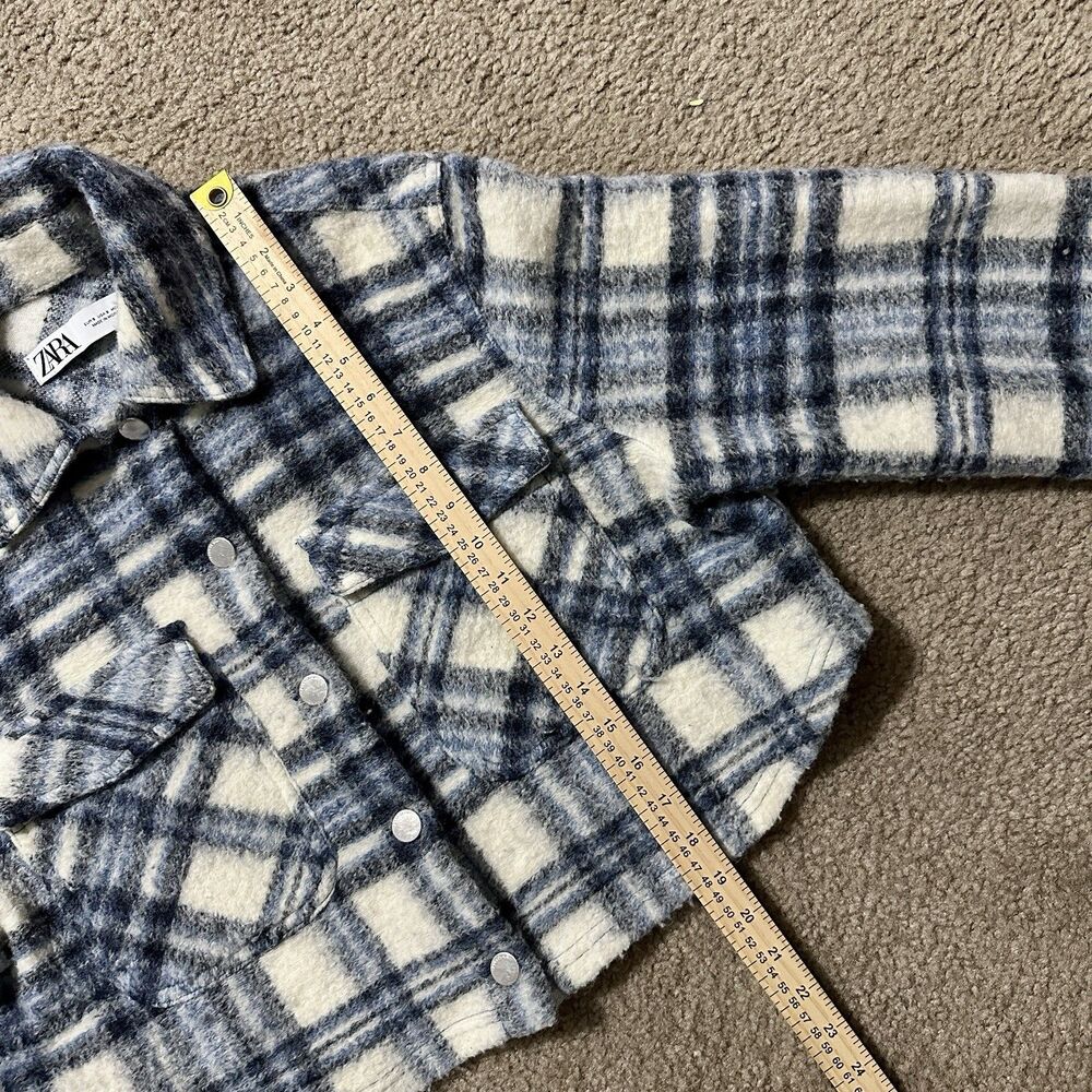 Zara Plaid Cropped Jacket Shacket Blue/Cream Button Front Size S - Picture 6 of 11